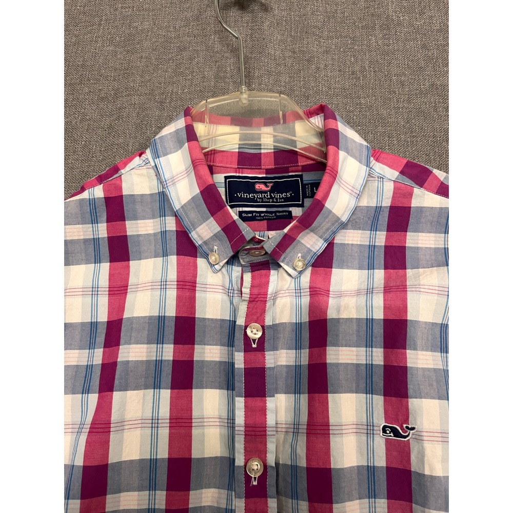 Vineyard Vines Mens Slim Fit Whale Shirt Pink Blue Plaid Button Down Large